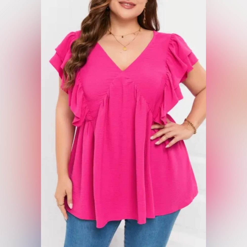 Plus Size Pink Ruffle V-Neck Tunic